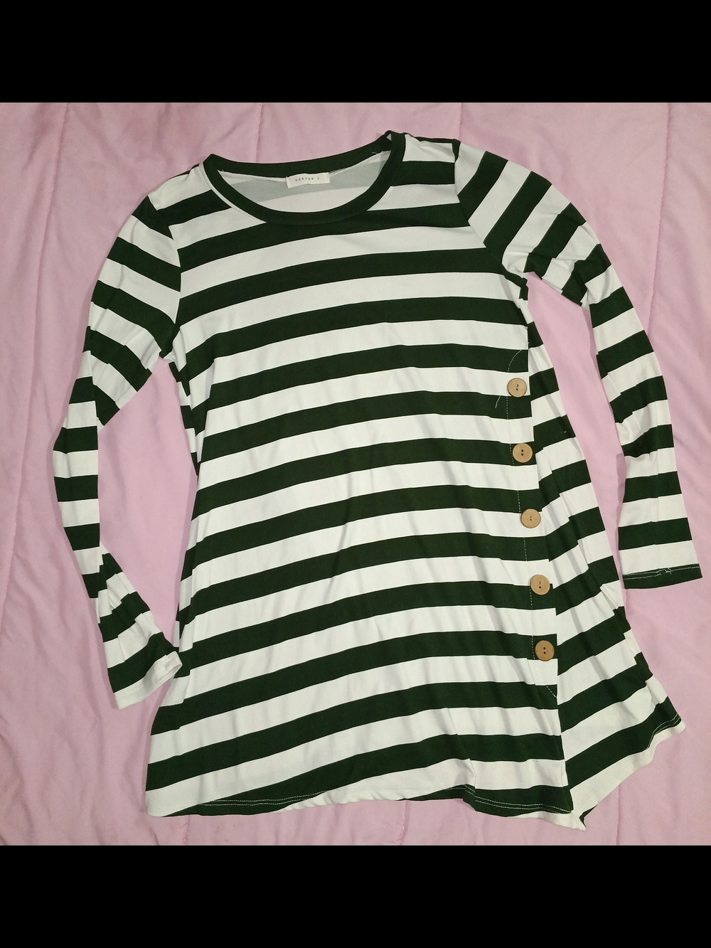 Striped Long Sleeve Tunic with Side Buttons - Green & White
